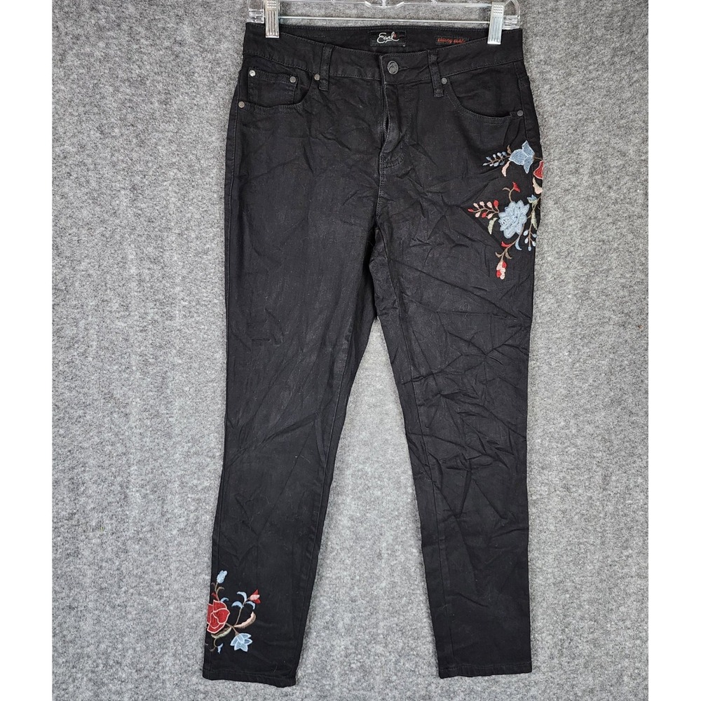 Earl Jean Jeans Womens 10 Skinny Ankle Black Floral Embroidered Stretch EUC